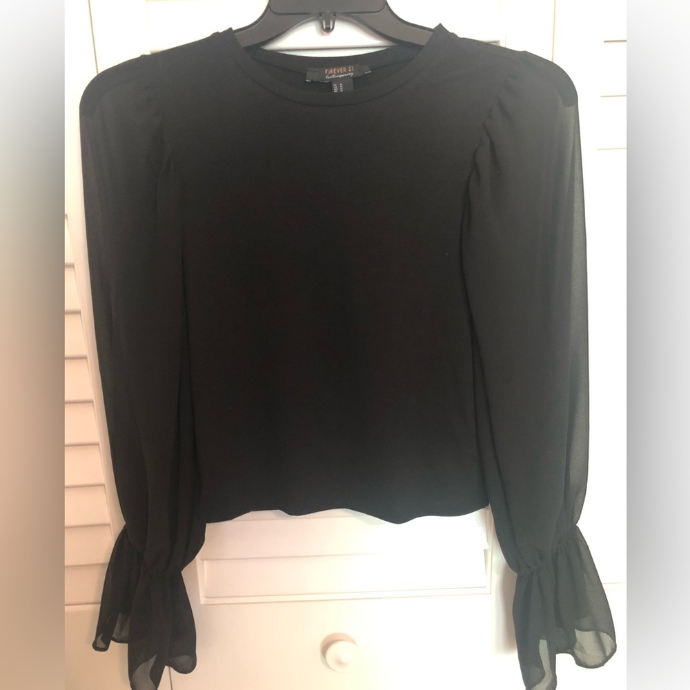 Forever 21 Elegant Black Blouse with Sheer Sleeves
